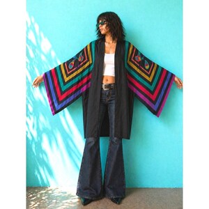 Vintage 70s Silk Rainbow Boho Kimono Soo Yung Lee Geometric Black Robe Duster