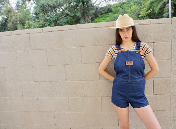 Ely Overalls // vintage 70s denim romper jean jumpsuit high waist boho hippie jeans shorts dress overall 1970s // XS S 24 27