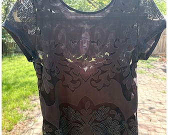 Vintage Whimsigoth svart, skir spetstopp med laserutskärning, gotisk filigran, XS