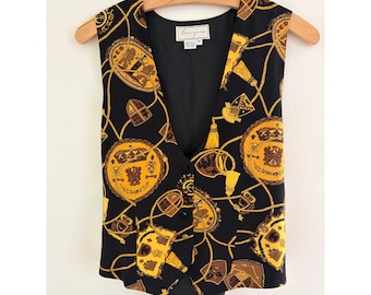 Vintage 90s Silk Vest Baroque Gold Chain Crest Print Mob Wife Black M