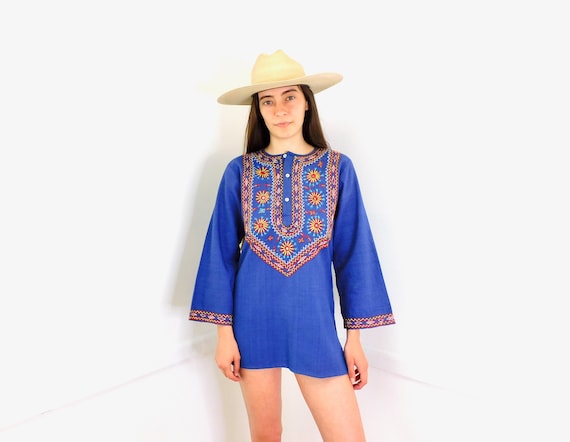 Indian Ocean Tunic // vintage 70s embroidered dress blouse boho hippie hippy 1970s woven cotton mini blue // S Small