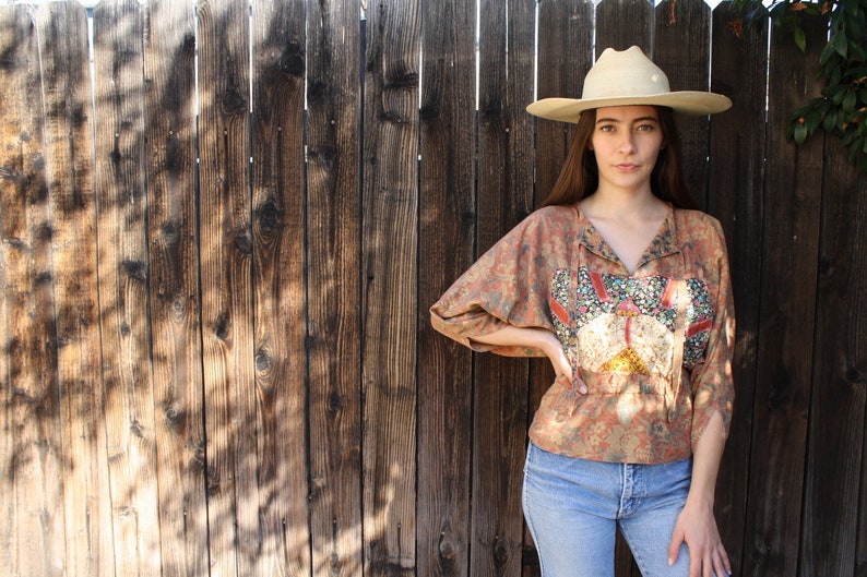 Emma Blouse vintage high waist boho hippie embroidered 60s 1960s 70s 1970s quilted dress hippy floral cotton brown SM