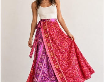 Vintage indischer Seiden-Wende-Maxirock, Einheitsgröße XS–XL, rosa Paisley-Boho-Muster