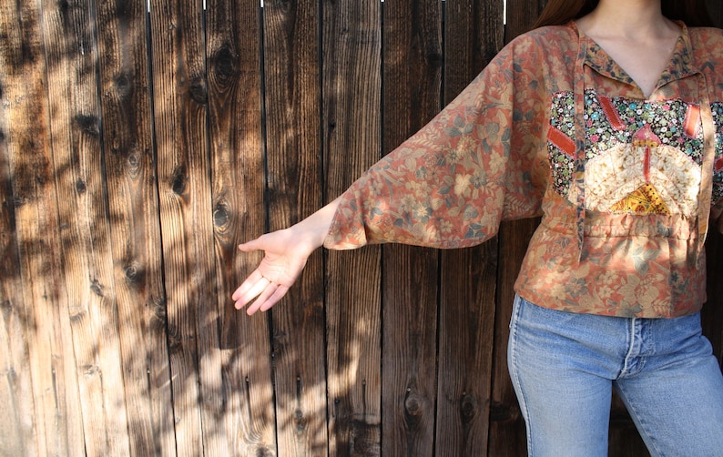 Emma Blouse vintage high waist boho hippie embroidered 60s 1960s 70s 1970s quilted dress hippy floral cotton brown SM