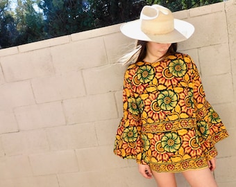 Indian Sunflower Tunic // vintage 70s mini dress blouse boho hippie hippy 1970s cotton India // O/S