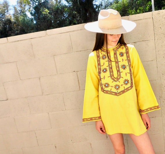 Indian Hand Embroidered Tunic // vintage 70s yellow dress blouse boho hippie hippy 1970s woven cotton mini // O/S