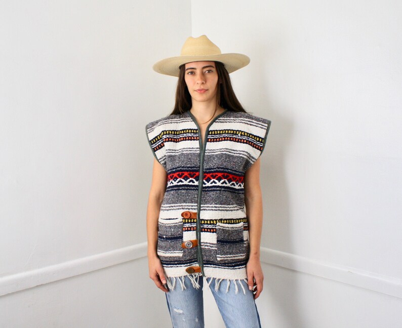 Baja Vest vintage 70s woven Mexican blouse serape boho hippie knit blanket cotton hippy dress SM
