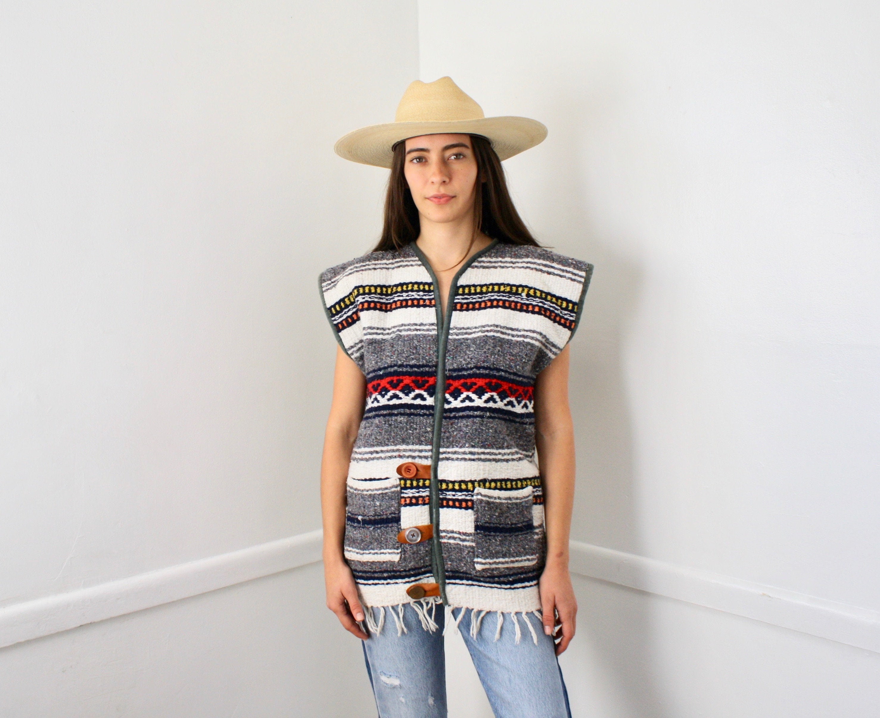 Baja Vest // vintage 70s woven Mexican blouse serape boho hippie