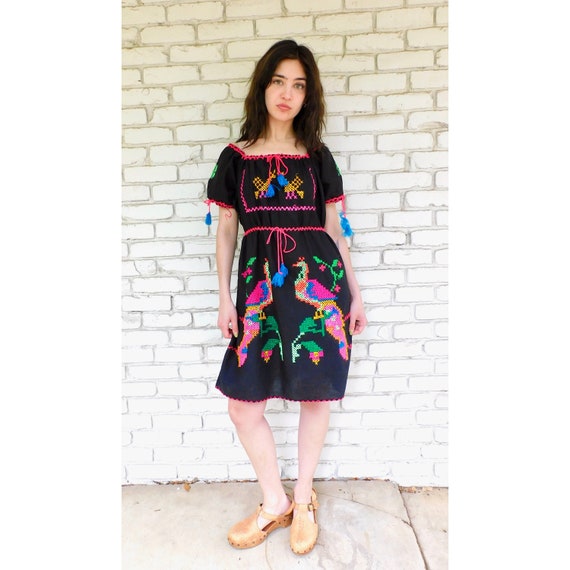 Neon Bird Hand Embroidered Dress // vintage sun Mexican black hand embroidered floral peacock hippie hippy mini 70s 70's 1970s 1970's // O/S