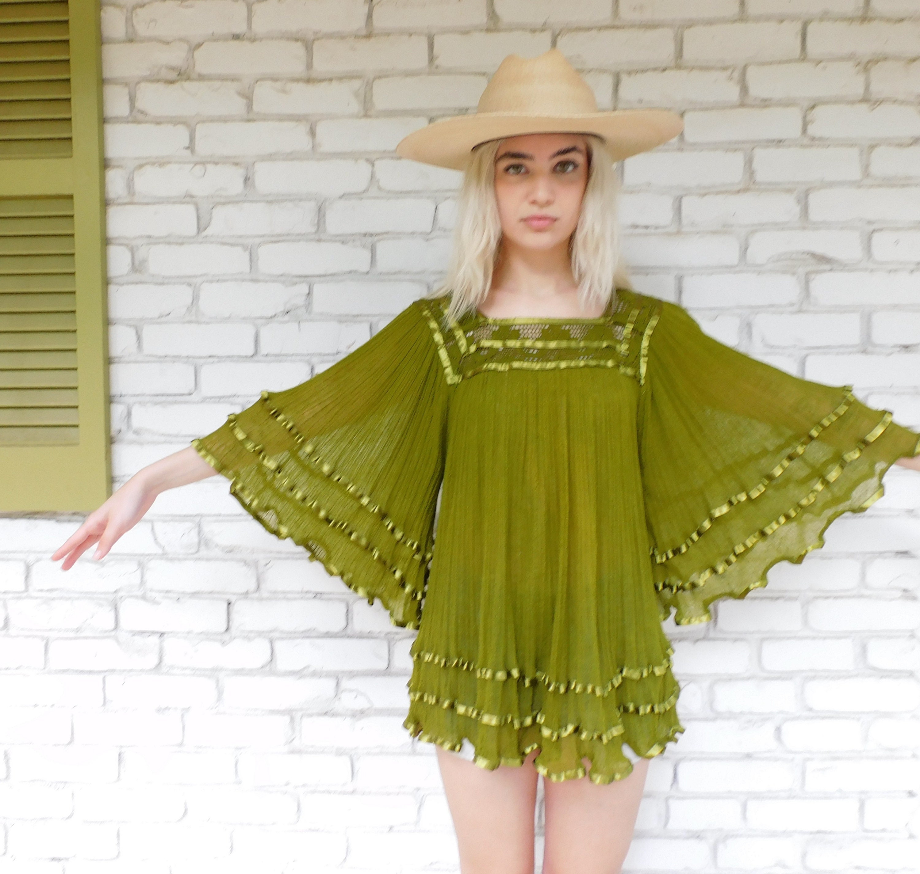 Mexican Gauze Blouse // Vintage 70s Green Mini Dress Tunic - Etsy