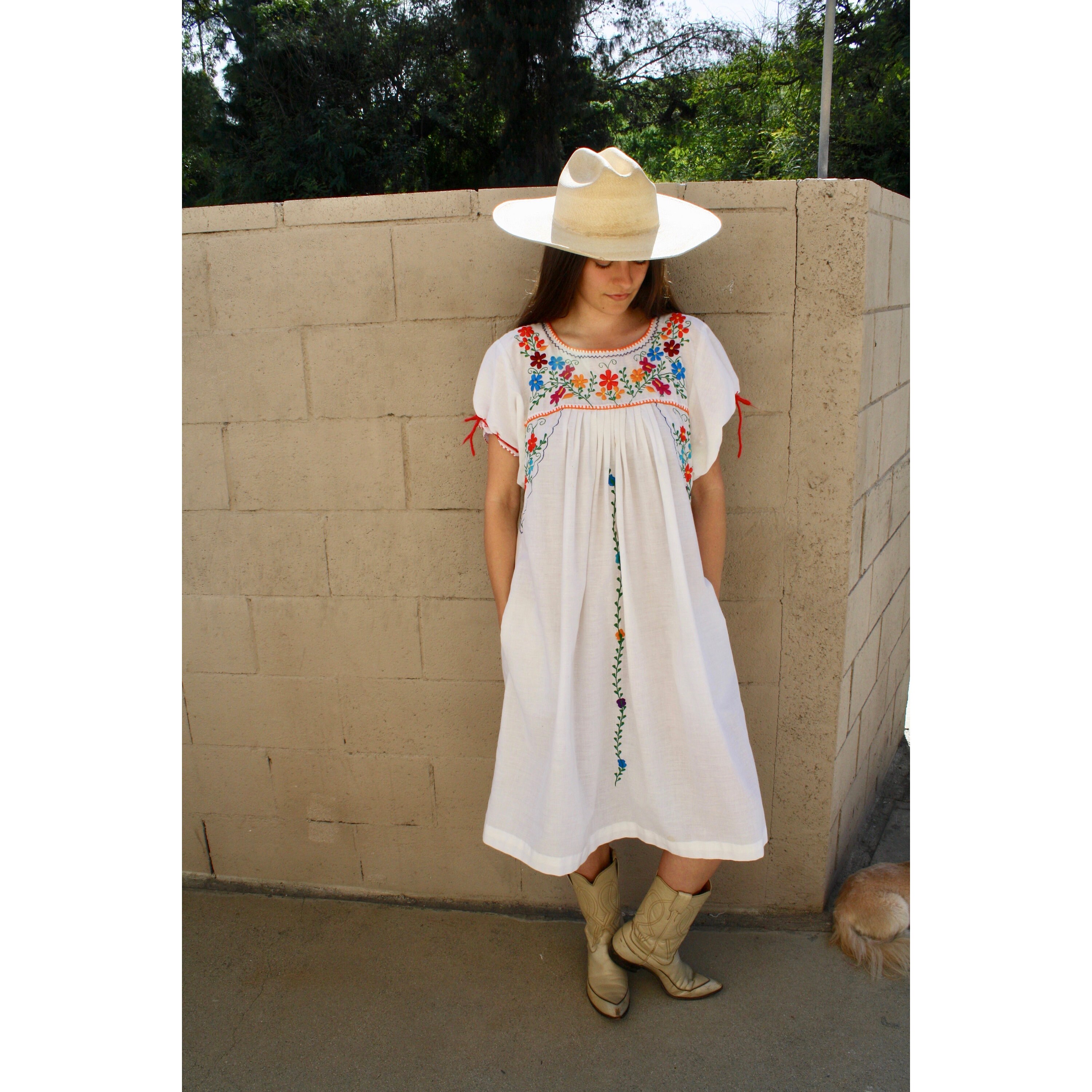 Sugarbush Dress // vintage Mexican cotton boho hippie sun white hippy hand embroidered midi 70s 