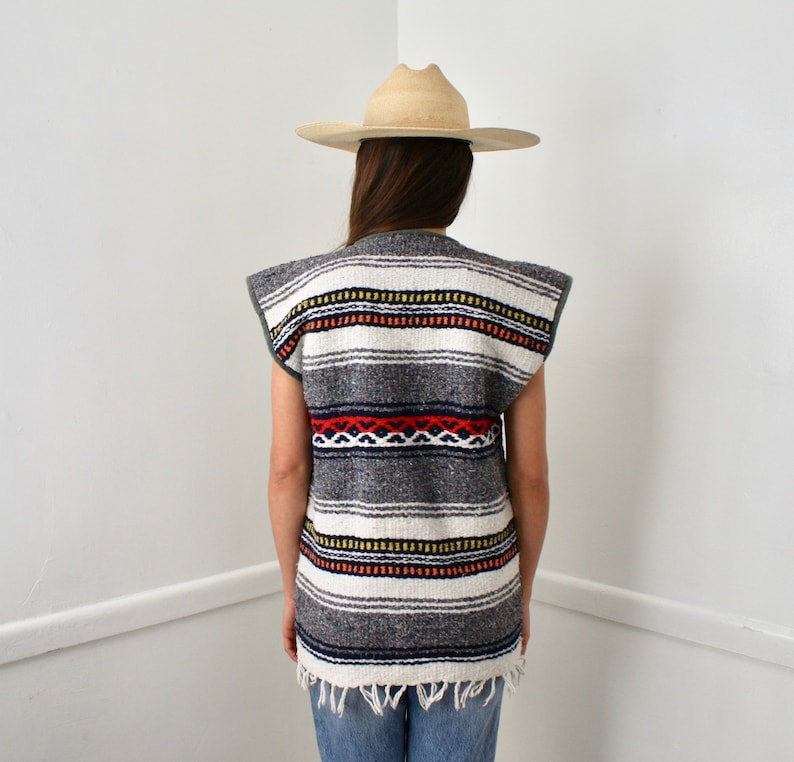 Baja Vest vintage 70s woven Mexican blouse serape boho hippie knit blanket cotton hippy dress SM