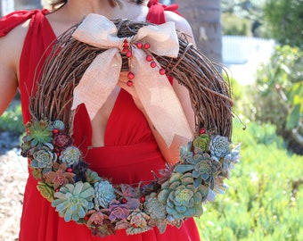 Live Succulent Wreath, Grapevine Base, Handmade Luxury Arrangement