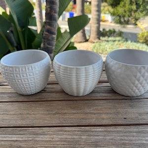 May include: Three white ceramic planters arranged in a row. The first planter features a grid of raised dots, the second has horizontal wavy ridges, and the third displays a diamond-shaped textured pattern. Each bowl-shaped vessel is open at the top.
