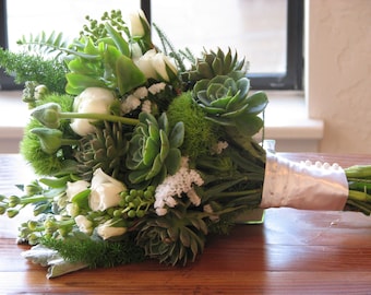 Bridal Succulent and White Flowers Wedding Bouquet