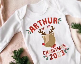 Chaleco de reno personalizado del primer traje de Navidad del bebé, conjunto de regalos, 1a Navidad, niña, niño