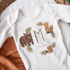 Personalised Woodland Theme Baby Outfit, Bear Baby Gift