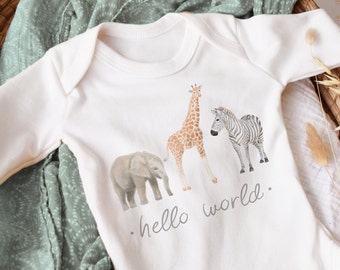 Safari "Hello World" Baby Grow, Neutral Outfit, Baby Shower Gift