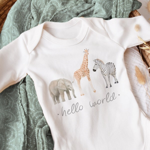 Safari Hello World Baby grow, Baby Shower Gift, Neutral Baby Outfit
