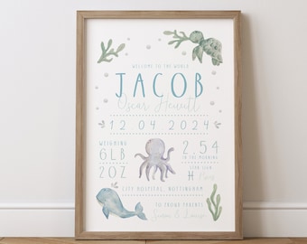 Impression personnalisée de détails de naissance de bébé : décoration de chambre d'animaux sous-marins aquarelle