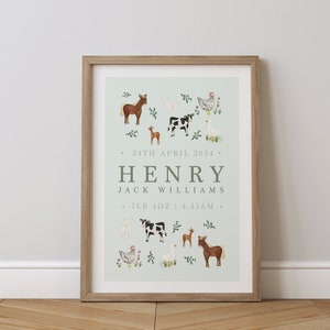 Personalised Baby Birth Detail Print - Hand Illustrated Farm Animals | Nursery Wall Art | Keepsake Gift for Newborns