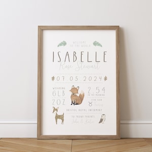 Personalised Woodland Animal Birth Detail Print - Nursery Wall Art, Newborn Keepsake, Baby Gift Idea