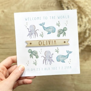 Personalised New Baby Card, Underwater animals, welcome to the world