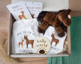Conjunto de regalo personalizado para bebé con diseño de caballo, incluye ropa para recién nacido y peluche.