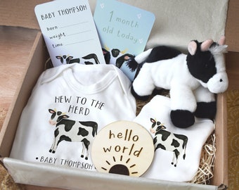 Personalised New To The Herd Cow Baby Gift Set, Newborn Gift Set, Baby Outfit, Farm Baby Gift