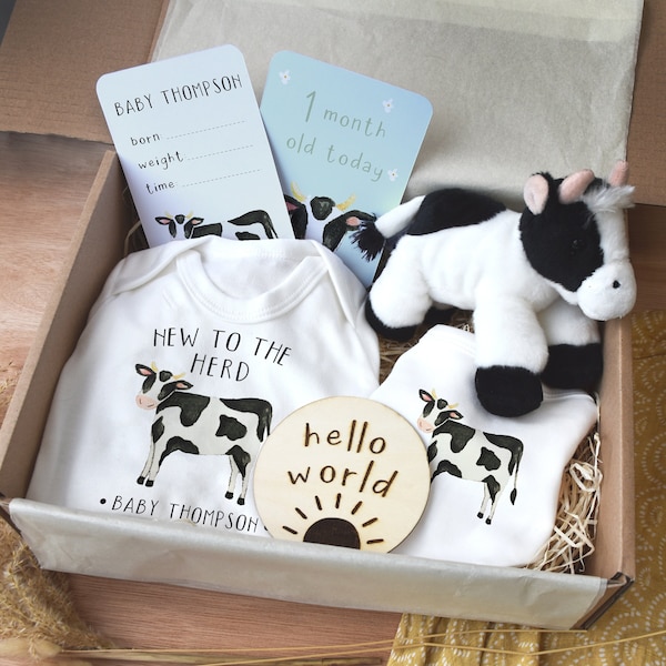 Personalised New To The Herd Cow Baby Gift Set, Newborn Gift Set, Baby Outfit, Farm Baby Gift