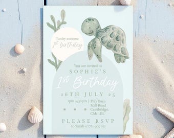 May include: A blue and green invitation with a turtle illustration. The invitation is for Sophie's 1st birthday party. The party is on July 26th from 2pm to 4:30pm at Play Barn, Mill Road, Cambridge, CM1 1DL. Please RSVP to Sarah 07781 905 622.