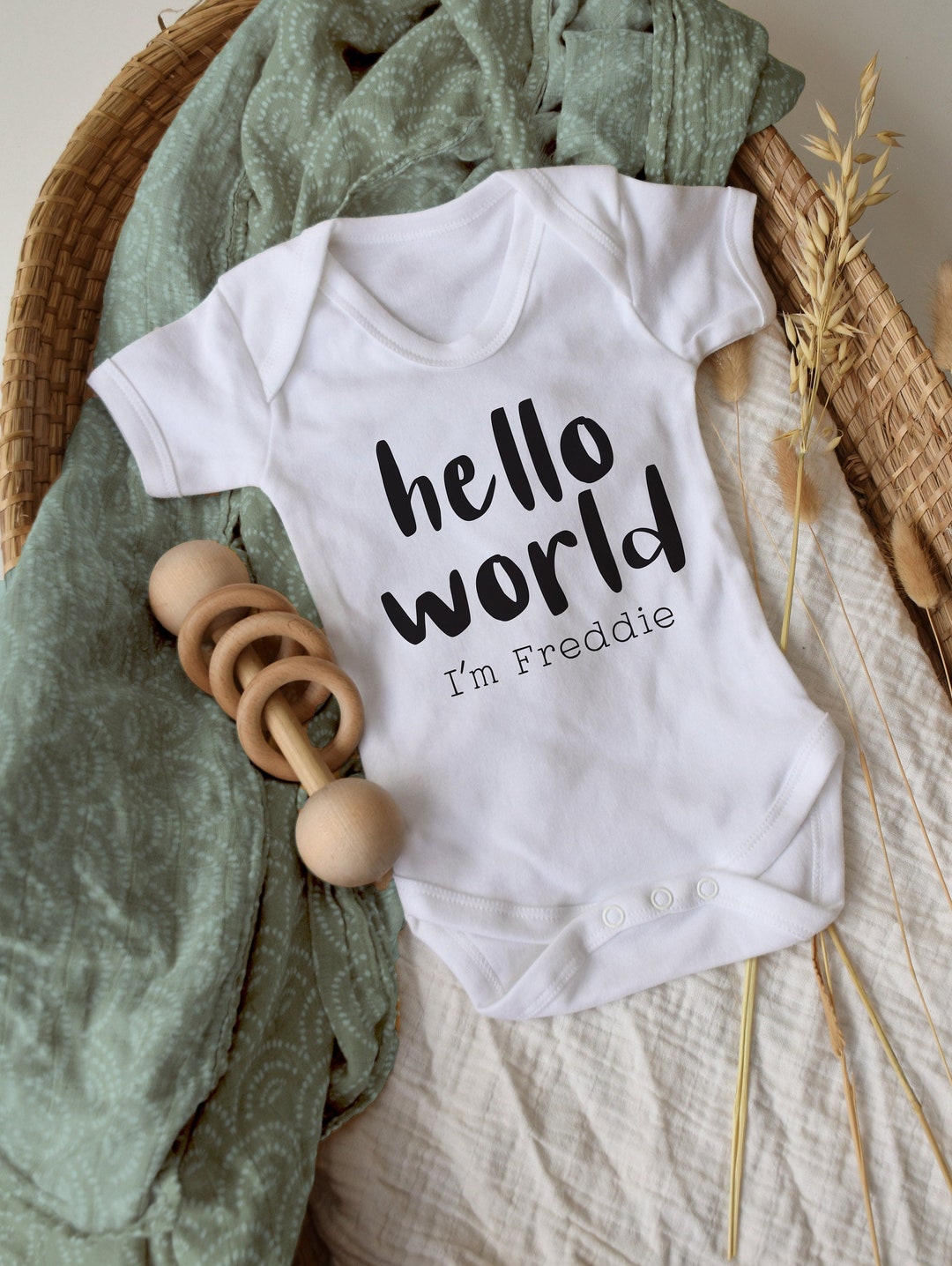 Hello World Personalised Newborn Baby Grow, Neutral Baby Announcement