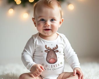 Body personalizado para el primer Navidad del bebé con diseño de reno - Diseño de acuarela