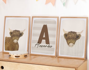 Personalised Highland Cow Print Set: Scottish Nursery Decor