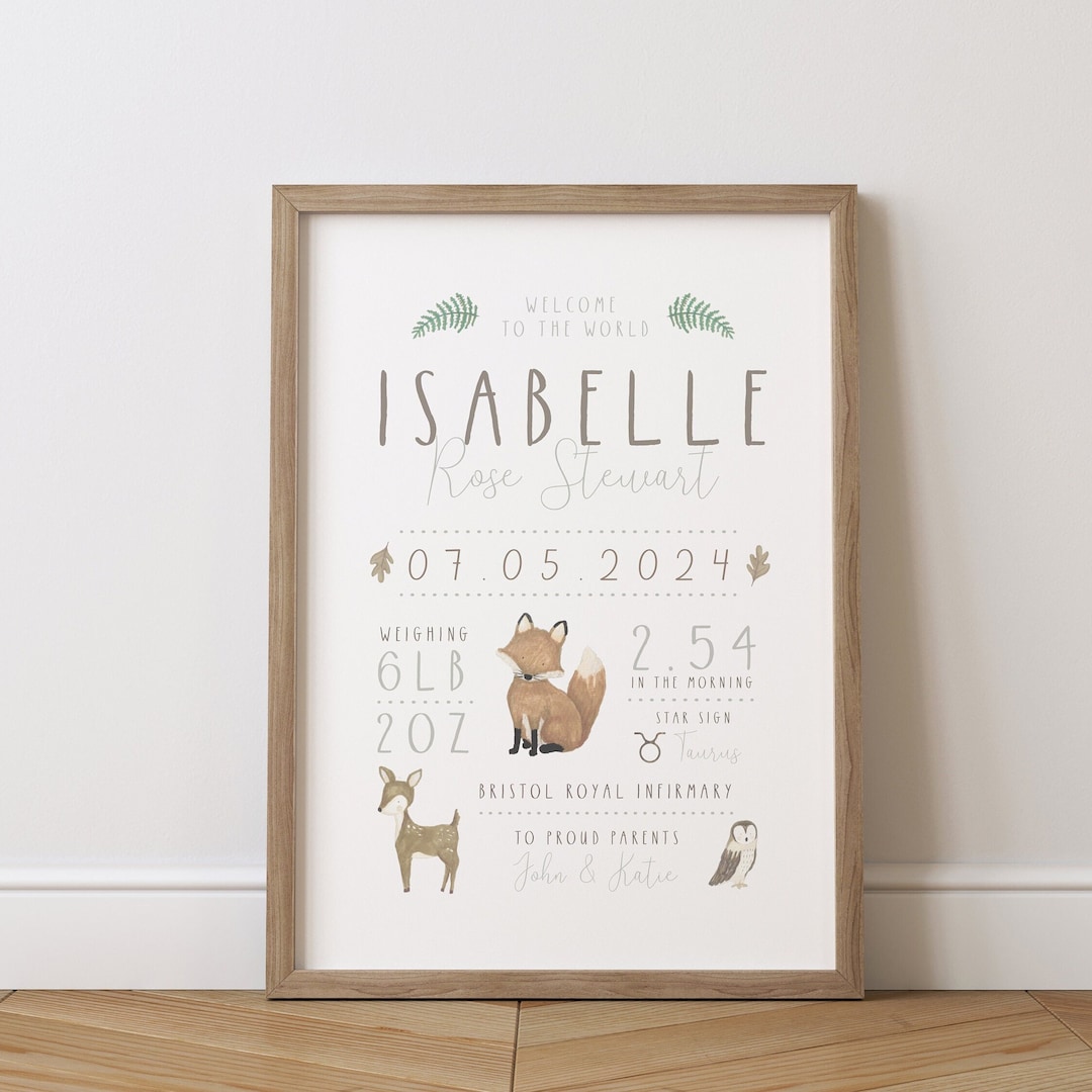 Personalised Woodland Animal Birth Detail Print - Nursery Wall Art ...