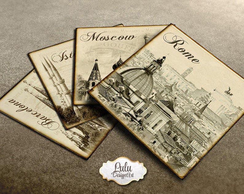 Square Image printables 4 Inch Rome Digital Paper Barcelona London Moscow Vintage Tags New York Cities Coasters and Squares