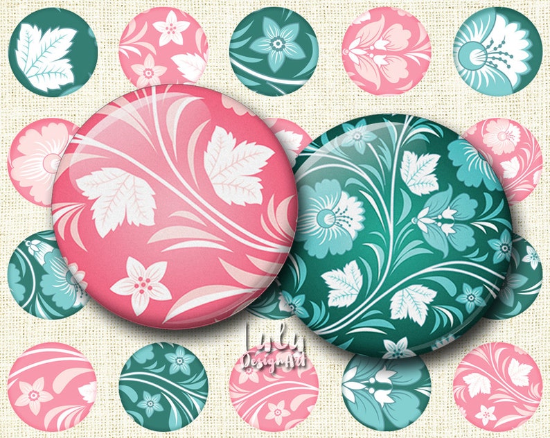 1 inch 1 inch circle Circle Images teal and pink Glass Pendant Images Floral Printable Digital Collage Sheet Floral Ornaments
