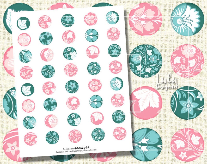 1 inch 1 inch circle Circle Images teal and pink Glass Pendant Images Floral Printable Digital Collage Sheet Floral Ornaments