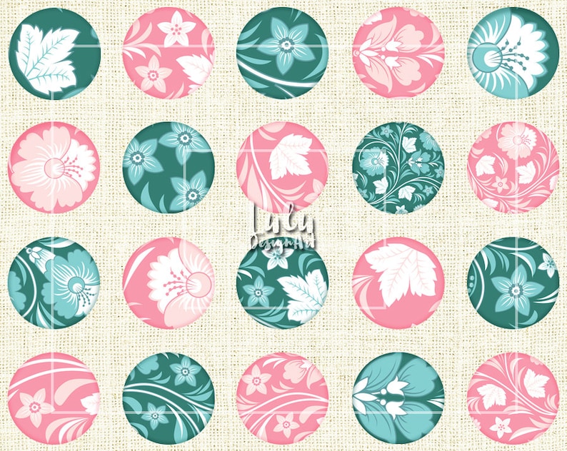 1 inch 1 inch circle Circle Images teal and pink Glass Pendant Images Floral Printable Digital Collage Sheet Floral Ornaments