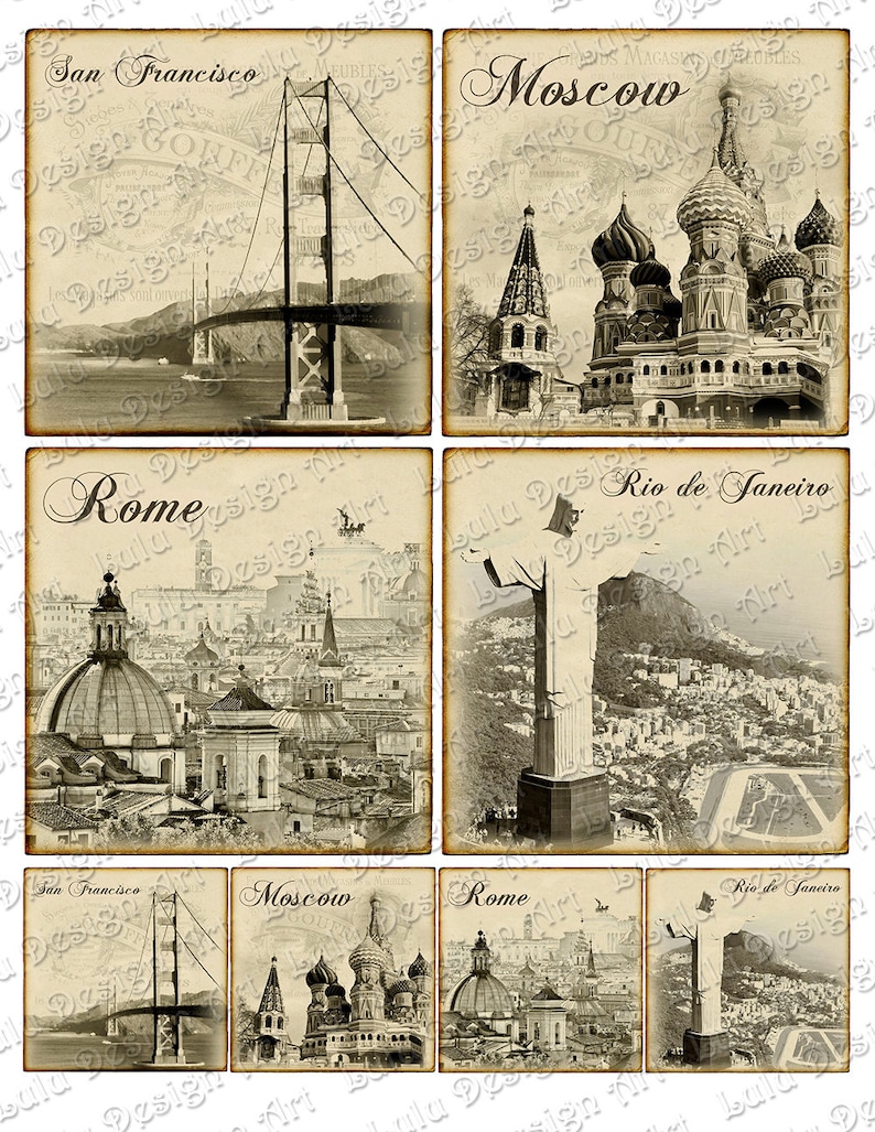 Square Image printables 4 Inch Rome Digital Paper Barcelona London Moscow Vintage Tags New York Cities Coasters and Squares