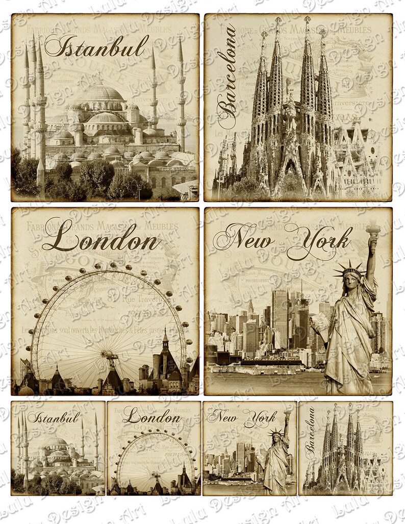 Square Image printables 4 Inch Rome Digital Paper Barcelona London Moscow Vintage Tags New York Cities Coasters and Squares