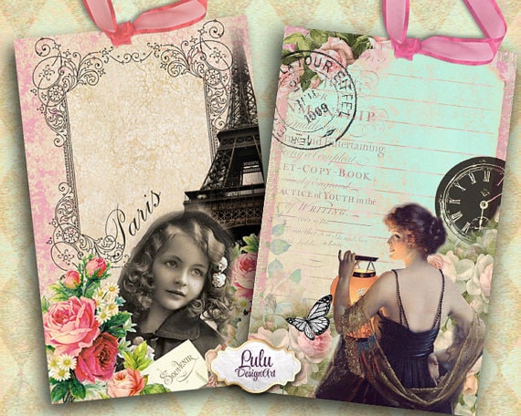 Paris vintage cards decoupage paper gift tags DIY printable stickers vintage embellishment printable cards french digital paper