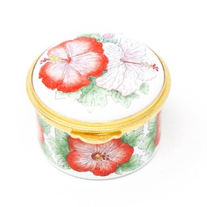Staffordshire Enamels Bermuda Hibiscus Trinket Box. Vintage Staffordshire Enamels. Rare Hand Painted English China.
