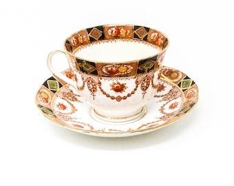 Royal York Teacup and Saucer. Maroon and Gold Floral Tea Cup from England. Gilt Footed Cup. Vintage English Fine Bone China.