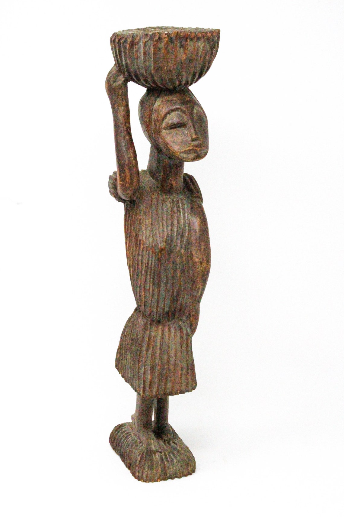 African Wood Sculpture of Woman Carrying Basket on Her Head. - Etsy