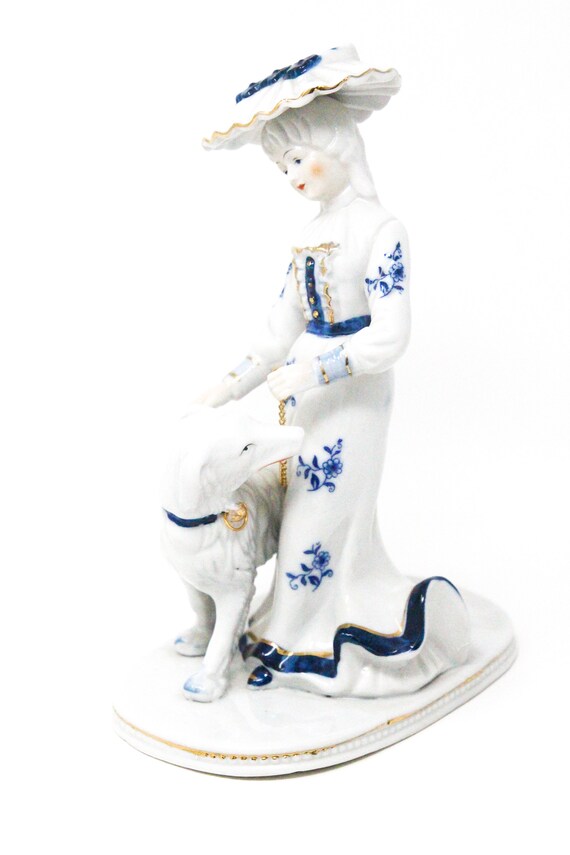Beautiful China Figure of a Lady with her Dog 5.5 H