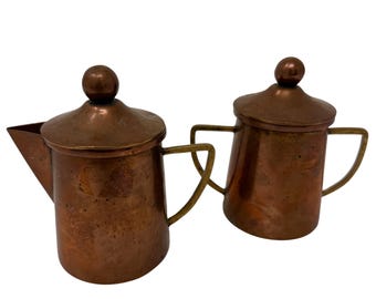 Vintage Copper Creamer & Sugar Bowl Set | Lidded Copper Serving Set | Brass Handles | Rustic Farmhouse Kitchen Decor