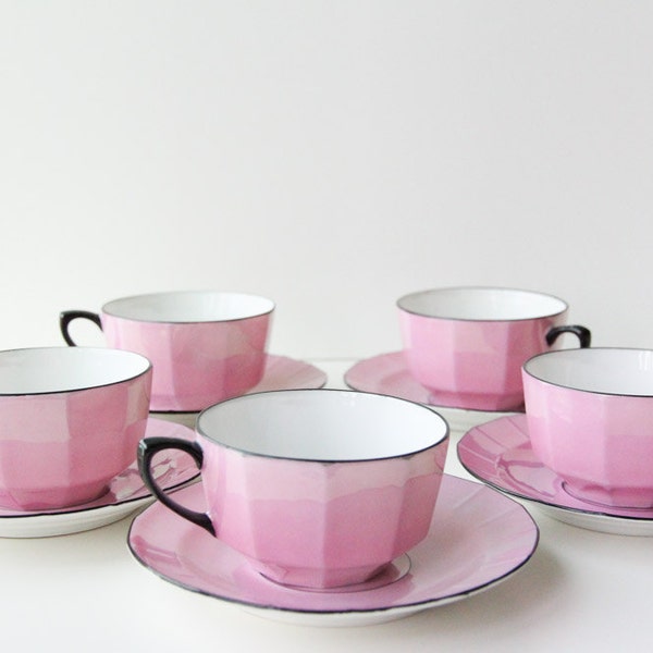 Art Deco German Geschutzt Pale Pink Cups and Saucers with Black Handles. Luster. Shabby Chic.