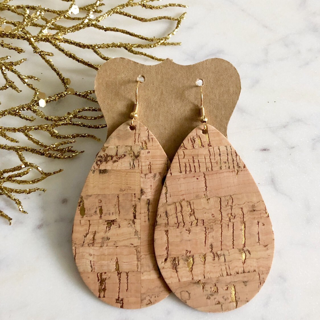 Amazing cork fabric with gold specs teardrop fabric earrings Etsy