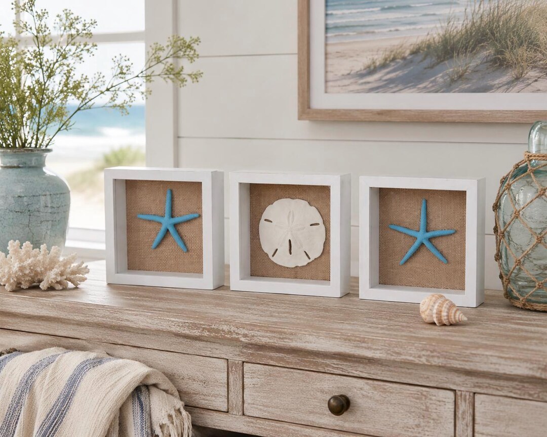 Coastal Shadow Box Framed | Set Starfish & Sand Dollar Wall Art | Beach ...